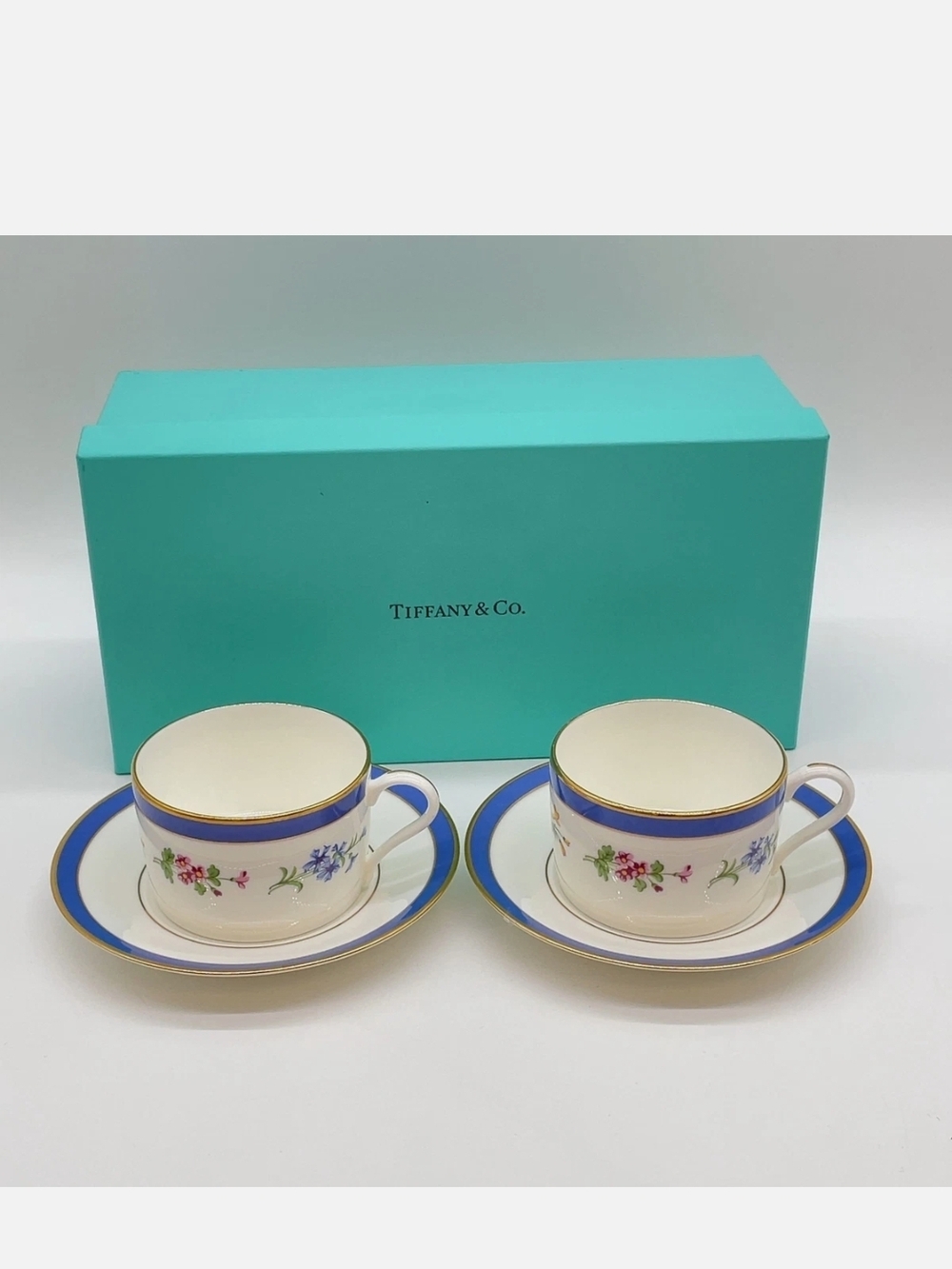 NIB Tiffany & Co. Blue and White Espresso Mug & Saucer Gold Trim Original Box - Picture 1 of 10